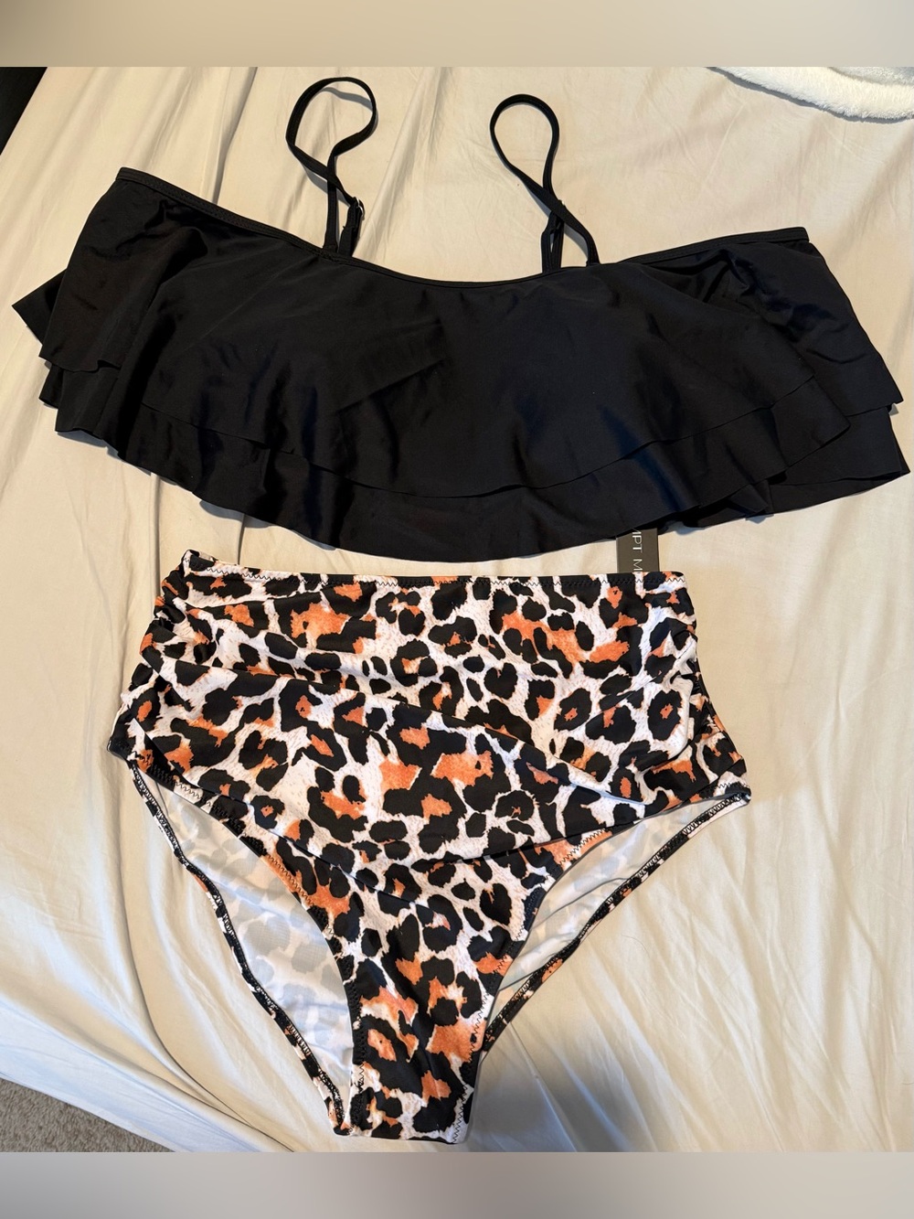 Black Ruffle Bikini Top with Leopard High-Waist Bottom - Women's Swim Set
